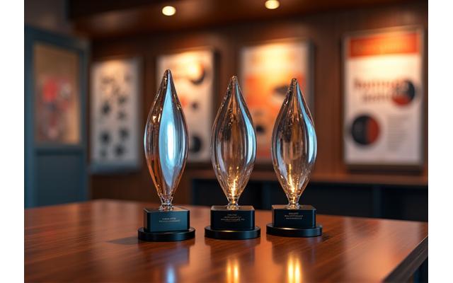 Display of various awards, trophies, and certifications in a modern, professional setting.
