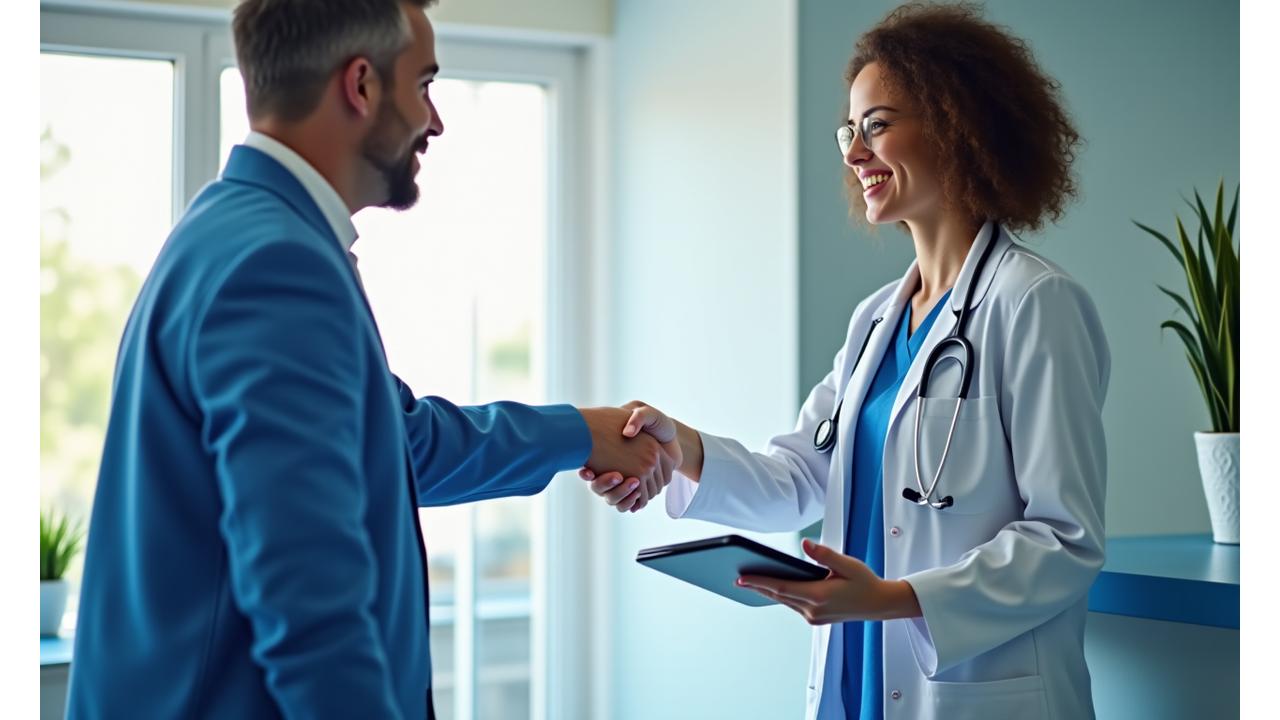 Doctor and patient discussing something on a tablet, showing seamless payment interaction