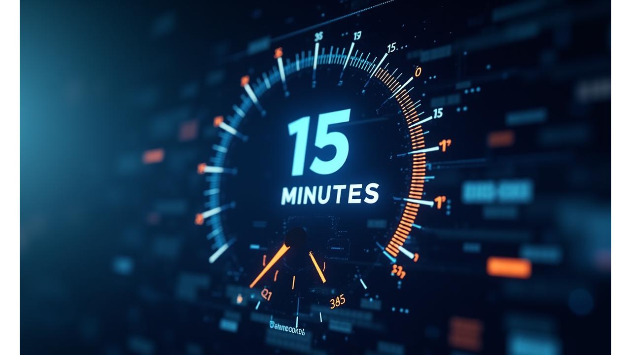 Digital interface showing a speedometer quickly reaching max speed with '15 Minutes' displayed
