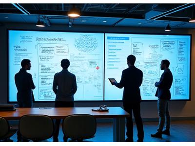 A small tech team collaborating around a whiteboard in a modern Nashville co-working space